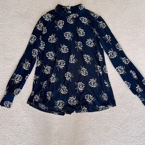 LOFT Navy Floral-Print Mockneck Blouse